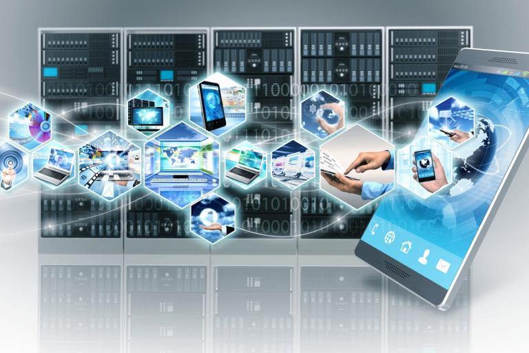 A digital collage featuring a large smartphone with floating hexagonal icons, depicting technology and communication, in front of a background of server racks.