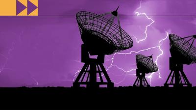 A purple background with satellite antennas in the foreground.