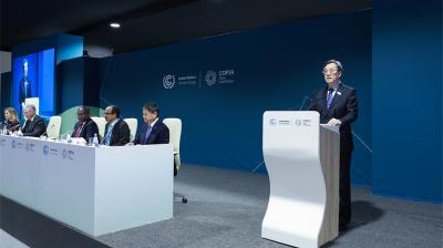 A person speaks at a podium on a stage with six seated individuals at a climate conference, featuring a blue backdrop displaying "COP28" and the UN logo.