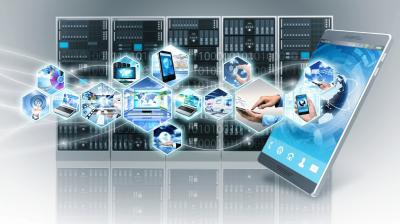 A digital collage featuring a large smartphone with floating hexagonal icons, depicting technology and communication, in front of a background of server racks.