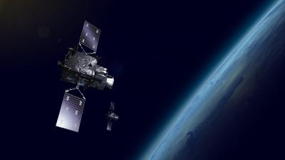 Two satellites orbit Earth in space, with part of the planet visible in the background.
