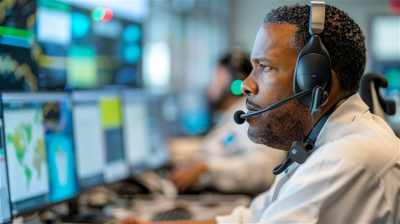 Man wearing a headset, focused on multiple computer screens displaying data and maps in an office environment.