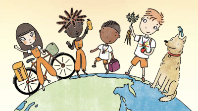 Five children and a dog stand on top of the Earth; the kids hold various items like a bike, drink, plants, and bag, and a bird sits on the dog's head.