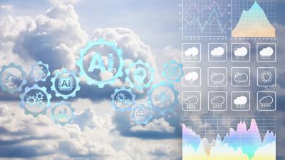 Cloudy sky background with digital gears labeled "AI" and weather icons, graphs, and data charts overlayed, representing artificial intelligence in weather forecasting.