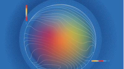 A digital illustration of a sphere with white contour lines and a gradient of red, yellow, green, and blue, set against a blue background with circular patterns and color bars.