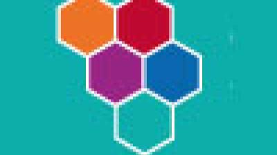 Six hexagons in orange, red, purple, blue, and white are arranged in a clustered pattern against a teal background.
