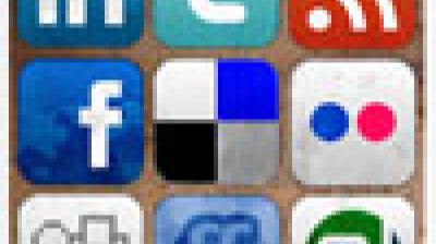 A grid of various social media app icons, including LinkedIn, Facebook, Flickr, and RSS, set against a brown background.