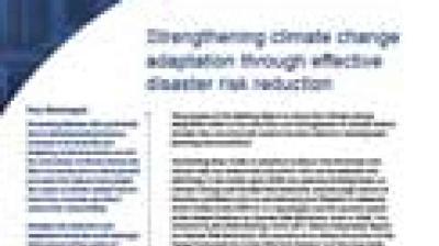 Blurry image of a document titled "Strengthening Climate Change adaptation through effective disaster risk reduction" with sections of text and a blue sidebar on the left.