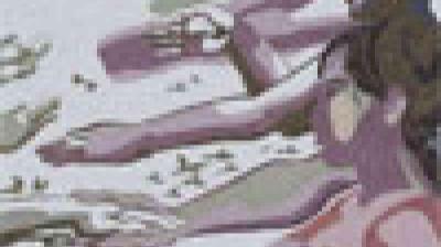 A pixelated image showing a person with an arm outstretched, set against a light background with indistinct shapes.