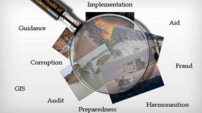 A magnifying glass hovers over overlapping disaster-related photos, surrounded by words like Implementation, Guidance, Corruption, Audit, Preparedness, Fraud, Aid, GIS, and Harmonisation.