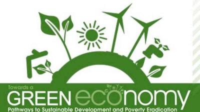 Green economy graphic with renewable energy symbols, plants, sun, and water tap, promoting sustainable development and poverty eradication. Text reads "Towards a Green Economy.