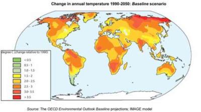 World map showing projected annual temperature increase from 1990 to 2050, with most regions warming by 1–3.5°C, especially in the Northern Hemisphere.