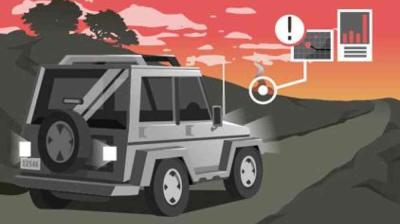 A gray SUV drives on a rural road at sunset, with dashboard-style graphics displaying alerts, a map, and data charts hovering nearby.