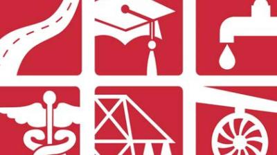 A grid of six red squares features white icons: a road, graduation cap, faucet with water drop, medical symbol, bridge, and wagon wheel.