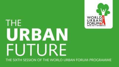 Green and white graphic for the World Urban Forum 6 with text "The Urban Future" and event details for the sixth session in Naples, Italy, September 2012.
