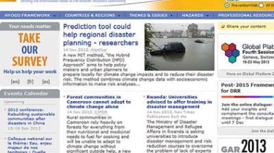 Screenshot of a disaster risk reduction website featuring news articles, a survey invitation, event listings, and a sidebar with related resources and global platform information.