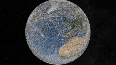 A view of Earth from space showing swirling wind patterns over the Atlantic Ocean, with parts of Europe and Africa visible.