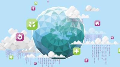 Illustration of a geometric globe with digital icons representing various sectors, surrounded by clouds and binary code raining down from them.