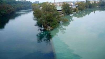 Confluence of two rivers with distinct blue and green hues meeting, surrounded by trees and buildings in the background.