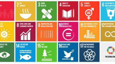 Colorful icons representing the 17 Sustainable Development Goals, including themes like no poverty, climate action, and quality education.