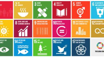 A grid of colorful icons representing the 17 United Nations Sustainable Development Goals, each with a symbol and brief description.