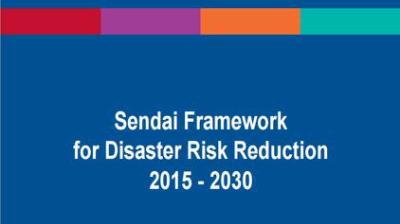 Cover of the Sendai Framework for Disaster Risk Reduction 2015-2030 document with a multicolored header on a blue background.