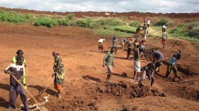 People working in a field, digging and moving soil with tools, under a partly cloudy sky.