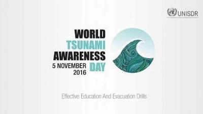 World Tsunami Awareness Day 2016 logo with a stylized wave. Text reads "Effective Education and Evacuation Drills," organized by UNISDR.