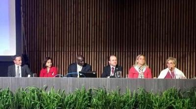 Six people sit behind a long table on a stage, participating in a panel discussion; plants are visible in the foreground.