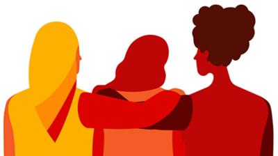 Illustration of three people seen from behind, one with an arm around the others, suggesting support or friendship.