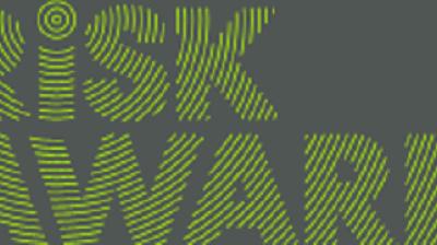 Green striped text on a dark background reads "RISK AWARE" in a bold, sans-serif font.