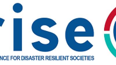 Logo with the word "RISE" in blue capital letters and the tagline "Alliance for Disaster Resilient Societies" below.