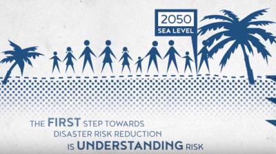 Illustration of people near a dashed line labeled "2050 Sea Level," with text about disaster risk reduction and understanding risk. Palm trees are in the background.