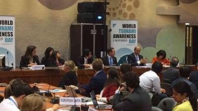 A panel of people is seated at a long table with "World Tsunami Awareness Day" banners in the background, as an audience listens.