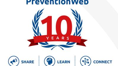 PreventionWeb 10th anniversary emblem with blue laurel, red ribbon, and icons labeled: Share, Learn, Connect.