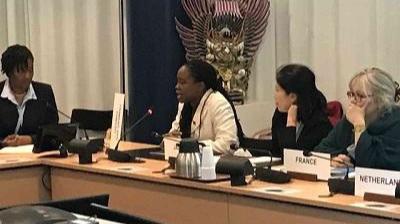 Four people sit at a conference table with microphones. Nameplates for France and Netherlands are visible.