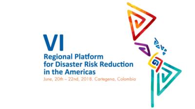 Logo for the VI Regional Platform for Disaster Risk Reduction in the Americas, held June 20-22, 2018, in Cartagena, Colombia, with colorful abstract shapes on the right.