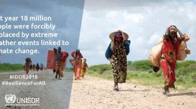 People walking on a dirt path carrying belongings, with a caption about 18 million displacements due to extreme weather linked to climate change. UNISDR logo is visible. #IDDR2018 #ResilienceForAll.