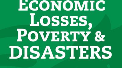Green background with white text: "Economic Losses, Poverty & Disasters.