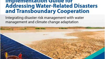 Cover page of a guide on addressing water-related disasters, featuring cracked dry land and a small boat on water, with text about disaster risk and climate change adaptation.