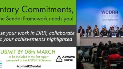 Conference panel on stage discussing voluntary commitments for the Sendai Framework. Text prompts audience to submit work on disaster risk reduction by March 8.
