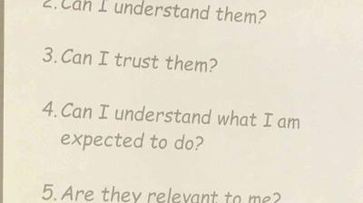 Text displaying the following questions: "2. Can I understand them? 3. Can I trust them? 4. Can I understand what I am expected to do? 5. Are they relevant to me?.