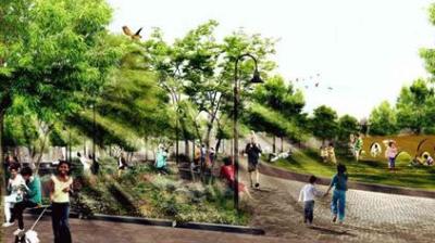 A park scene with children playing, adults walking on a path, and green trees surrounding the area. Sunlight filters through the foliage.
