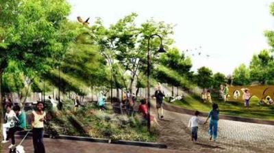 People, including children, are walking, playing, and sitting in a green park with trees, pathways, and scattered sunlight.