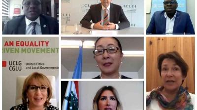 A virtual panel of seven diverse professionals participates in an online conference, each shown in individual video call frames.