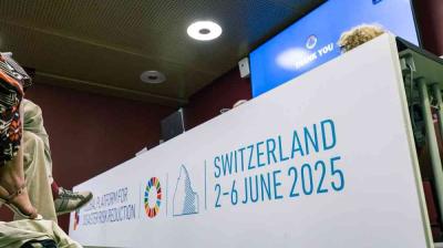 A conference table displays "Switzerland 2-6 June 2025" and "Platform for Disaster Risk Reduction." A screen shows "Thank You" in the background.
