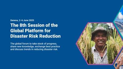 Blue event banner for the 8th Session of the Global Platform for Disaster Risk Reduction in Geneva, June 2–6, 2025, with a photo of a smiling man in a field.