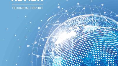 Cover of a technical report titled "Review" depicting a stylized digital globe with interconnected lines on a blue background.