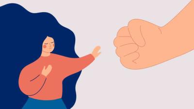 Illustration of a woman with long hair holding out one hand, palm out, and the other on her chest, facing a large raised fist on the right.