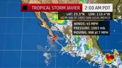 Weather map showing Tropical Storm Javier near Cabo San Lucas, Mexico, with winds of 45 mph, moving NW at 7 mph.